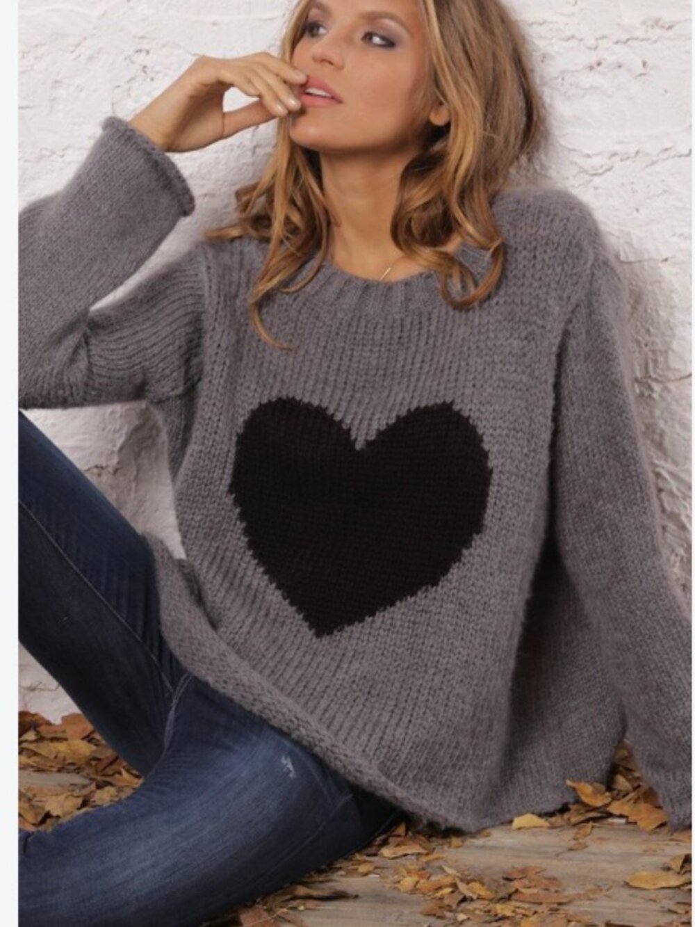 Wooden Ships Heart Open Knit Print Crewneck Sweater Gray/Black Sz XL Mohair Wool